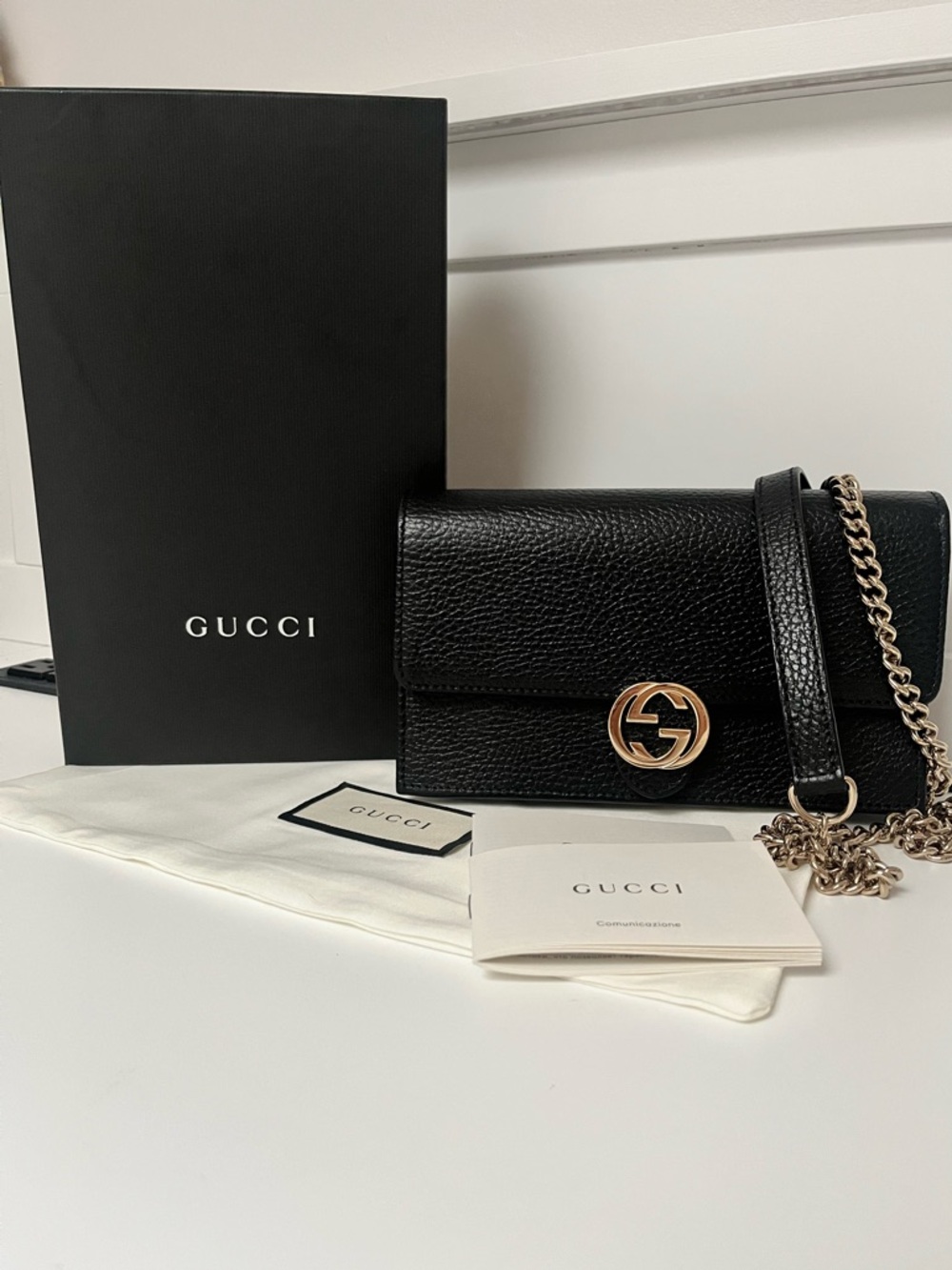 Gucci Black Leather Marmont Chain Crossbody with Gold GG